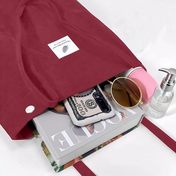 Women Red Imported Corduroy Small Canvas Shoulder Handy Tote Bag - Picture 2 of 4